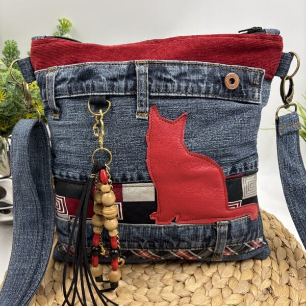 Sac bandoulière en denim chat