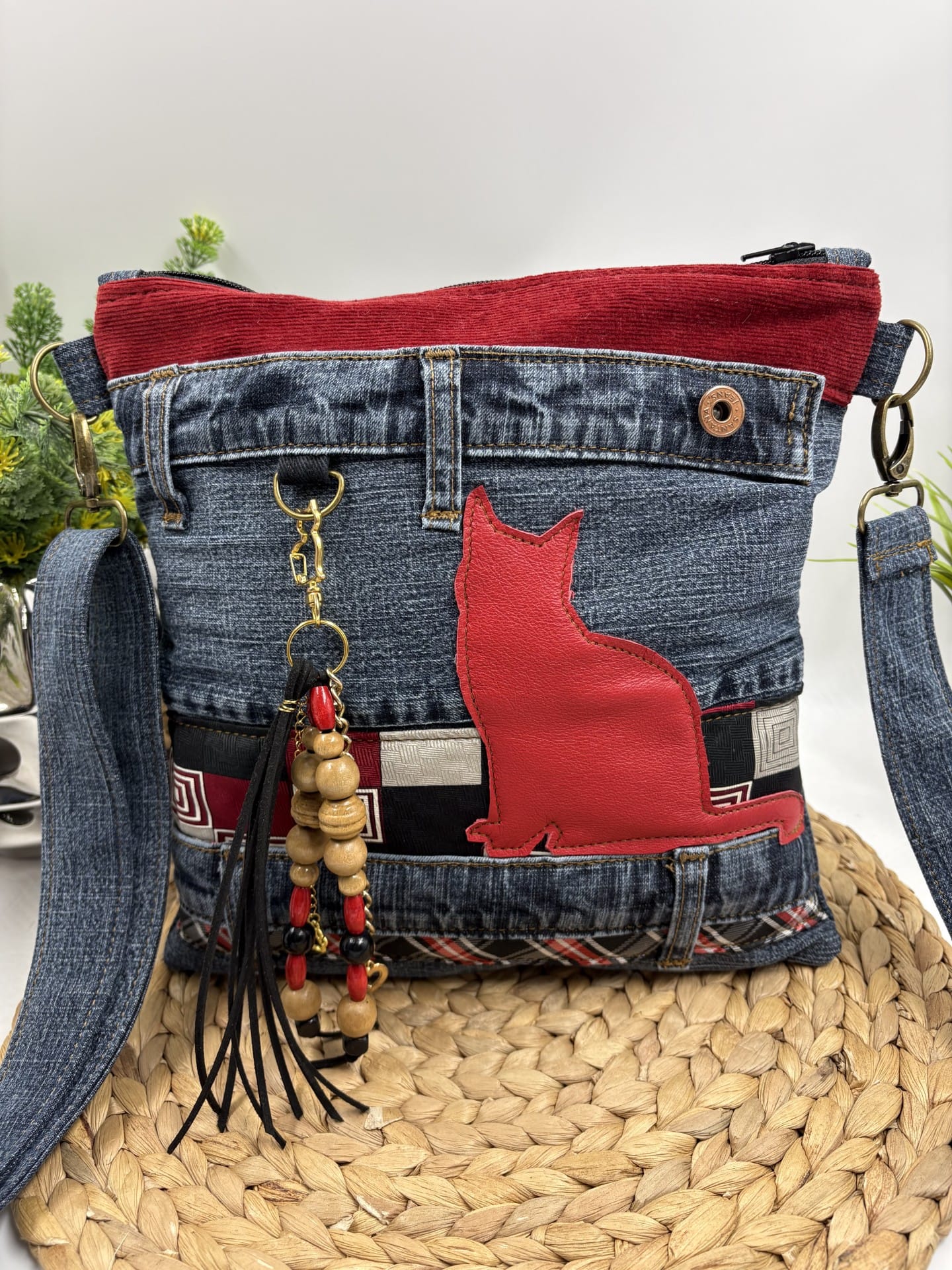 Sac bandoulière en denim chat