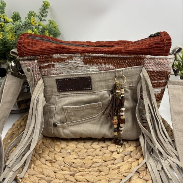 Sac à bandoulière à franges en jeans et velours côtelé rouille